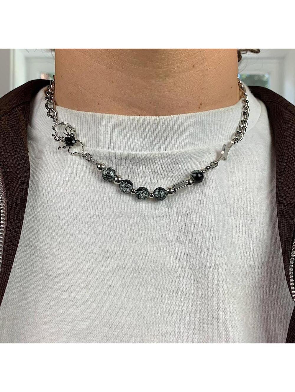 Cyber Y2k 2000s Silver Opium Spider ️ Pendant beaded necklace Cuban link